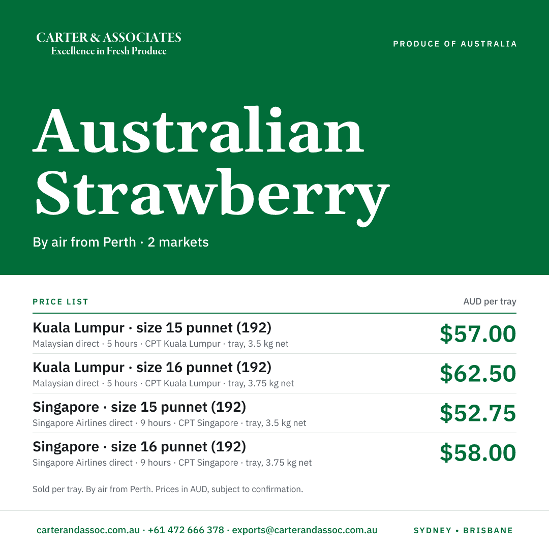 One tile for all markets: Kuala Lumpur · size 15 punnet (192), Kuala Lumpur · size 16 punnet (192), Singapore · size 15 punnet (192), Singapore · size 16 punnet (192).
